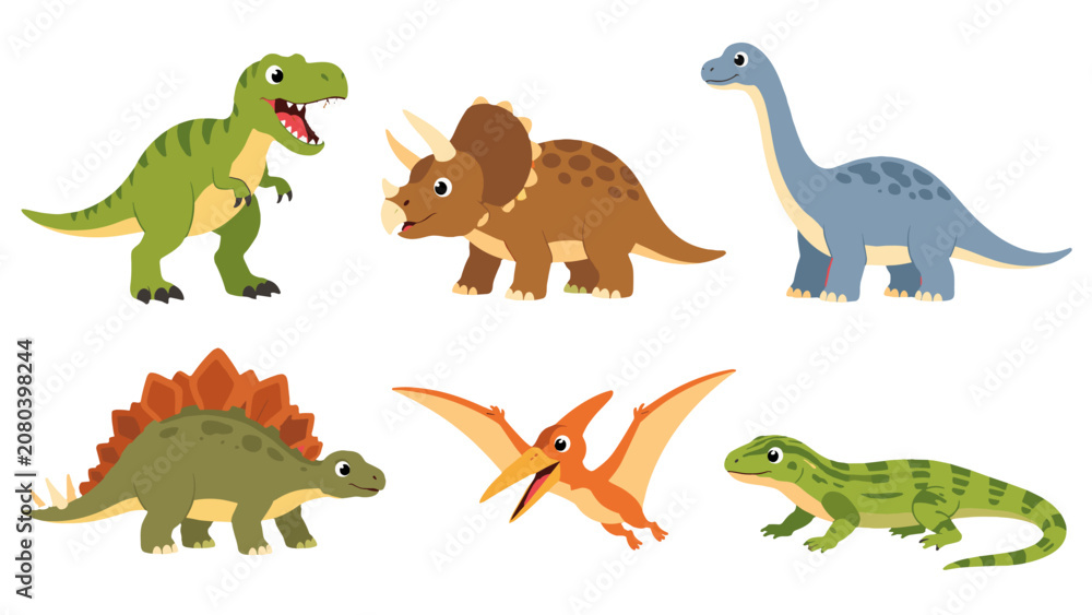 Obraz premium Cute cartoon dinosaur and reptile character set on white