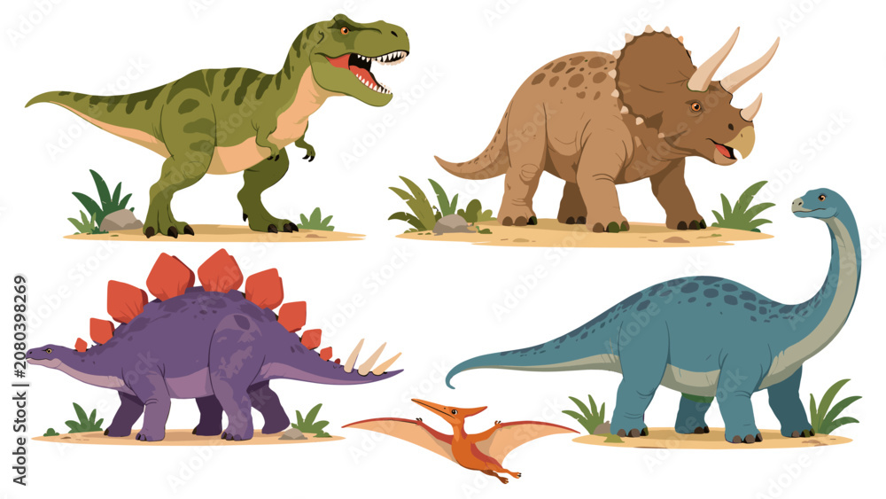Obraz premium Cartoon dinosaur set with tyrannosaur triceratops and sauropod