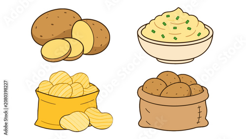 Cuadro en lienzo Potato food set with raw tubers mashed potatoes and chips
