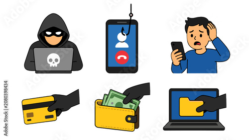 Obraz na plátně Phishing scam and digital theft icons with phone and laptop