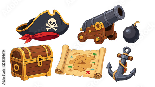 Foto Cartoon pirate adventure objects with map, cannon, and treasure chest