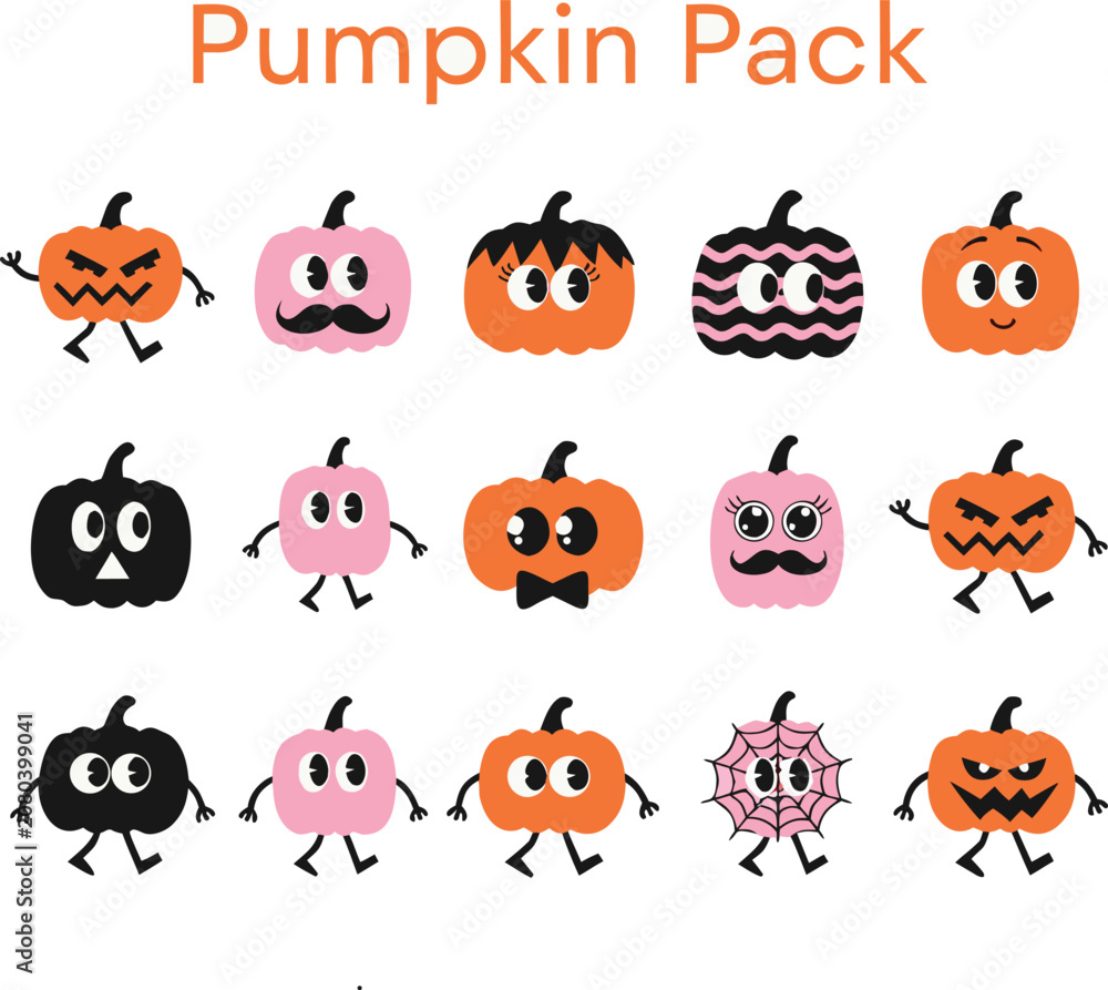 Obraz premium Cute Halloween pumpkin vector pack icon set. Editable EPS collection for spooky autumn holiday designs.