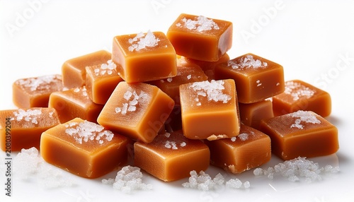 Salted Caramel Toffee Pieces With Sea Salt Crystals Isolated On White Background