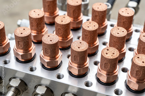 Bild auf Leinwand Close-up of industrial pneumatic silencers with copper fittings on a metal manif