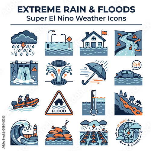 Extreme rain and flood disaster weather icon set with climate emergency water storm and El Nino symbols vector