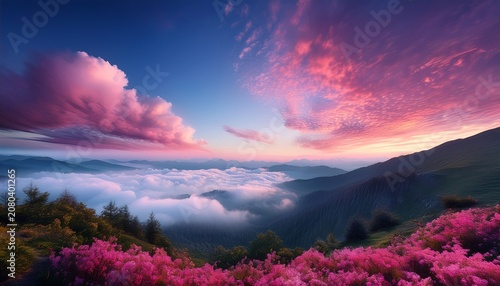 A Picturesque Scene Showcasing Pink Clouds Floating Over A Misty Landscape At Twilight Creating A Magical And Serene Ambiance Reminiscent Of A Dreamlike World