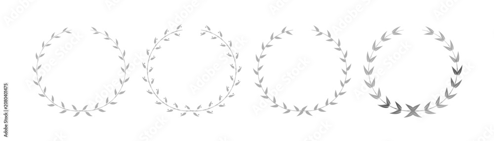 Obraz premium Grand silver laurels set. Foliate laurels branches, laurel wreath silhouette. Trophy crest, Greek olive branch award, winner emblem, champion success sign collection isolated pattern Vector.