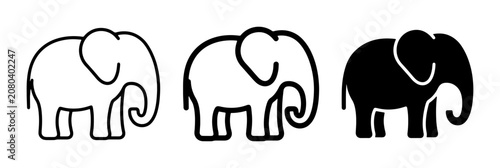 Картината върху платно Three Elephant Icons: Outline, Simple Line Art, and Solid Silhouette, Vector Gra