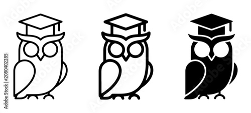 Wise Owl Graduation Icons, Set of 3 Vector Graphics for Education and Knowledge Concepts, Black and White Designs