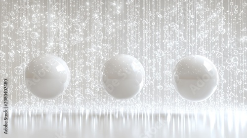 Three lustrous white spheres float amidst a sparkling, luminescent background with reflective surface