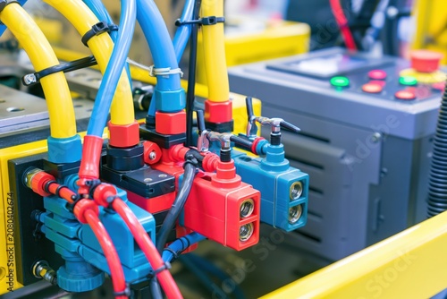 Colorful Pneumatic Hoses And Connectors On Automated Industrial Machine