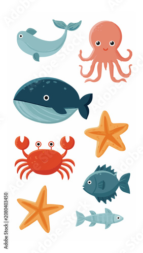 Cute Sea Creatures Illustration Featuring Dolphin Octopus Whale Starfish Crab and Fish in Blue and Orange Colors