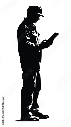 Silhouette of a man using a smartphone in dark environment with light reflections on screen