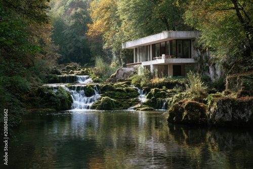 The charming house is nestled beside a tranquil river and cascading waterfalls in a picturesque forest, where autumn brings a vibrant display of colorful leaves.