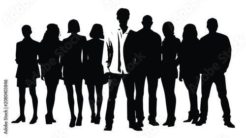 Group of diverse business professionals standing together in formal attire in a modern office environment