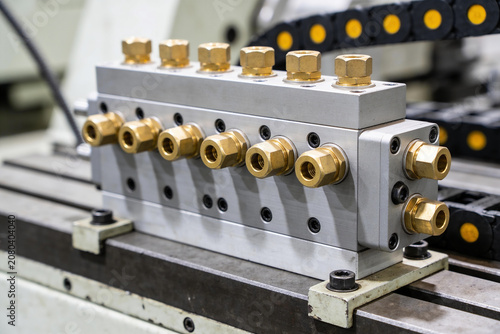 Konstfotografi Precision manifold block with multiple brass fittings for industrial fluid contr