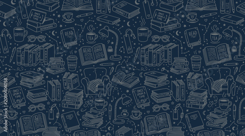 Tableau sur toile Dark blue seamless pattern with library book sketches.