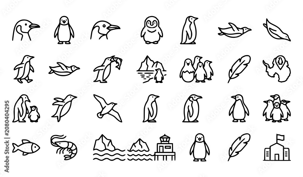 Fototapeta premium Penguin Outline Icon Set Antarctic Wildlife Vector Collection