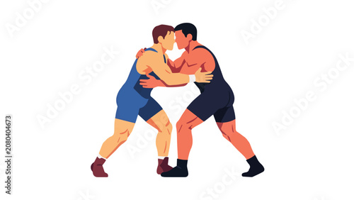 Two male wrestlers in action during match with intense struggle on colorful mat in sports competition