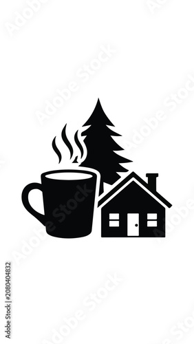 Cozy winter scene with steaming cup and pine tree house in warm tones perfect for holiday decoration and seasonal atmosphere