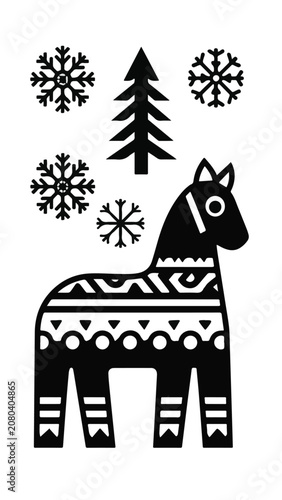 Stylized black and white holiday horse with snowflakes and Christmas trees for festive seasonal decorations