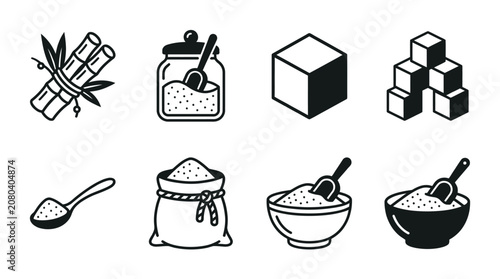 Fotografía Collection of sugar icons: cane, cubes, and in bowls.