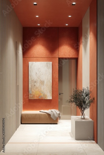 Bright hallway with an art piece on the wall, a bench in the corner, a plant on a stand, and soft light from the ceiling in a modern building during daytime