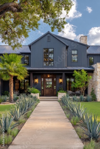 Modern house design showcases a dark exterior and large windows surrounded by green plants and a concrete pathway, providing a welcoming view on a sunny day