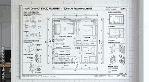 Foto Detailed technical planning layout for a bright compact studio apartment