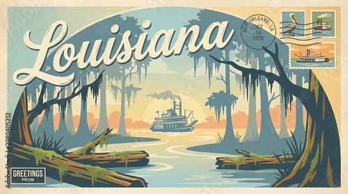 Vintage Louisiana Travel Postcard Illustration with Bayou Swamp, Cypress Trees, and Steamboat at Sunset