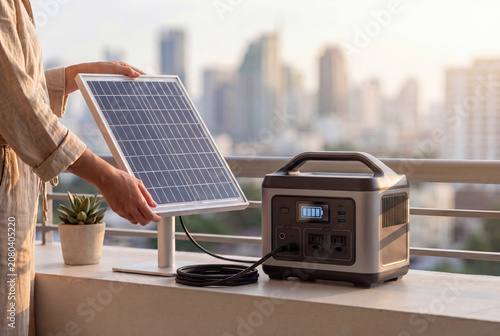 Balcony Solar Panel Connected to Portable Power Station