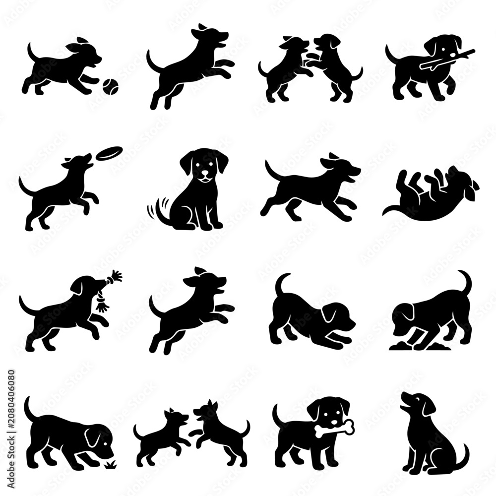 Fototapeta premium Cute dog silhouettes playing running sitting jumping set