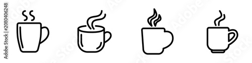 Premium flat line coffee icon featuring a modern steaming mug with clean rounded monoline strokes and balanced geometric proportions. Perfect for UI, cafes, mobile apps, websites, branding, and vector