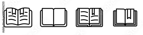 Premium flat line reading icon featuring an open book with a minimalist bookmark using clean monoline strokes and balanced geometry. Ideal for education, libraries, apps, websites, and branding.