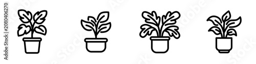 Premium flat line indoor plant icon featuring a modern potted houseplant with clean rounded monoline strokes and organic geometric balance. Ideal for home decor, gardening, wellness, UI, and branding.