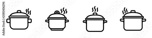 Premium flat line cooking icon featuring a modern cooking pot with steam using clean rounded monoline strokes and balanced geometry. Perfect for kitchen, recipes, food apps, websites, and branding.