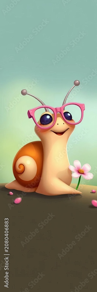 Fototapeta premium Whimsical snail illustration with pink glasses and flower accentuating its slow and steady nature, cartoon, slow