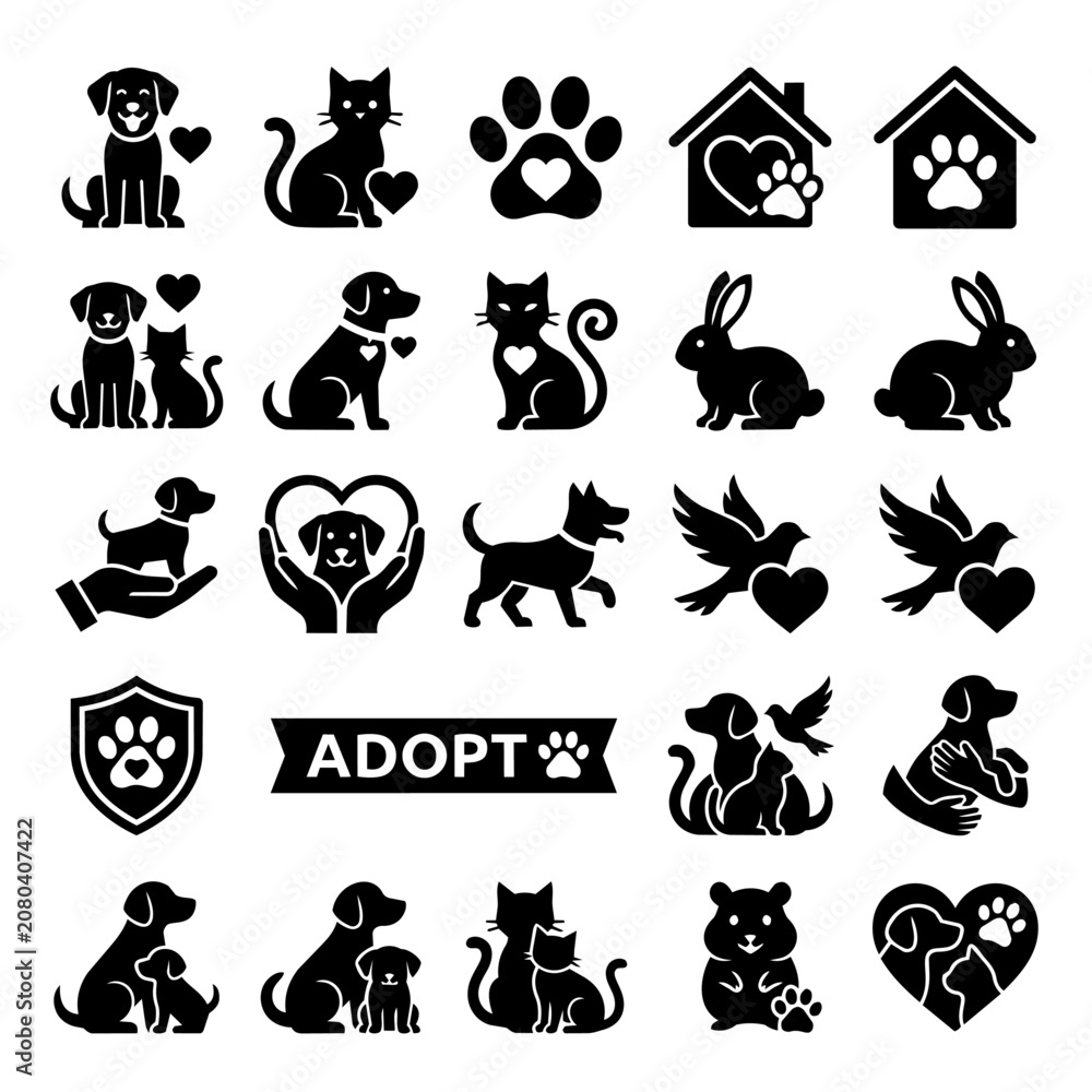 Obraz premium Pet adoption animal care icons set dogs cats rabbits birds hearts