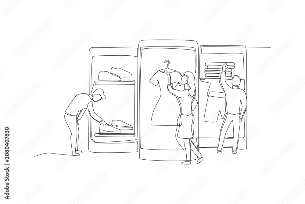 Fototapeta premium One line drawing of human customers with a male inspecting shoes, a woman holding a dress, and a young man reaching for folded clothes on shelves, illustrating a clothing retail store scene.