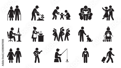 Elderly lifestyle icons set, senior citizens daily activities and hobbies vector, 15 black stick figure pictograms for retirement and aging