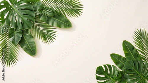 Minimal tropical leaves arranged on a clean light background with generous copy space. Fresh botanical composition designed for summer advertising, branding, website banners, social media, marketimg.