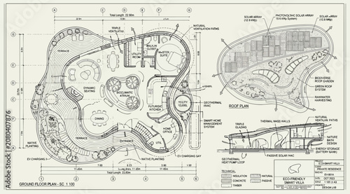 Architectural floor plan and section drawings of a sustainable ecovilla design