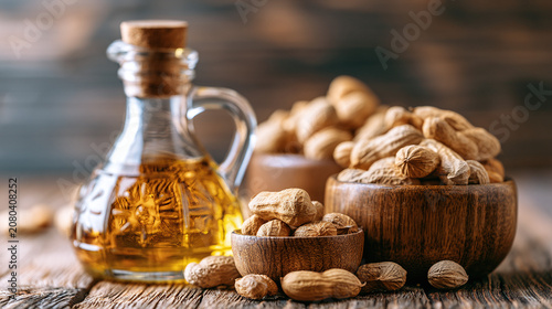 Peanut Oil and Groundnuts Bowls on Rustic Wood Table, Healthy Food Concept