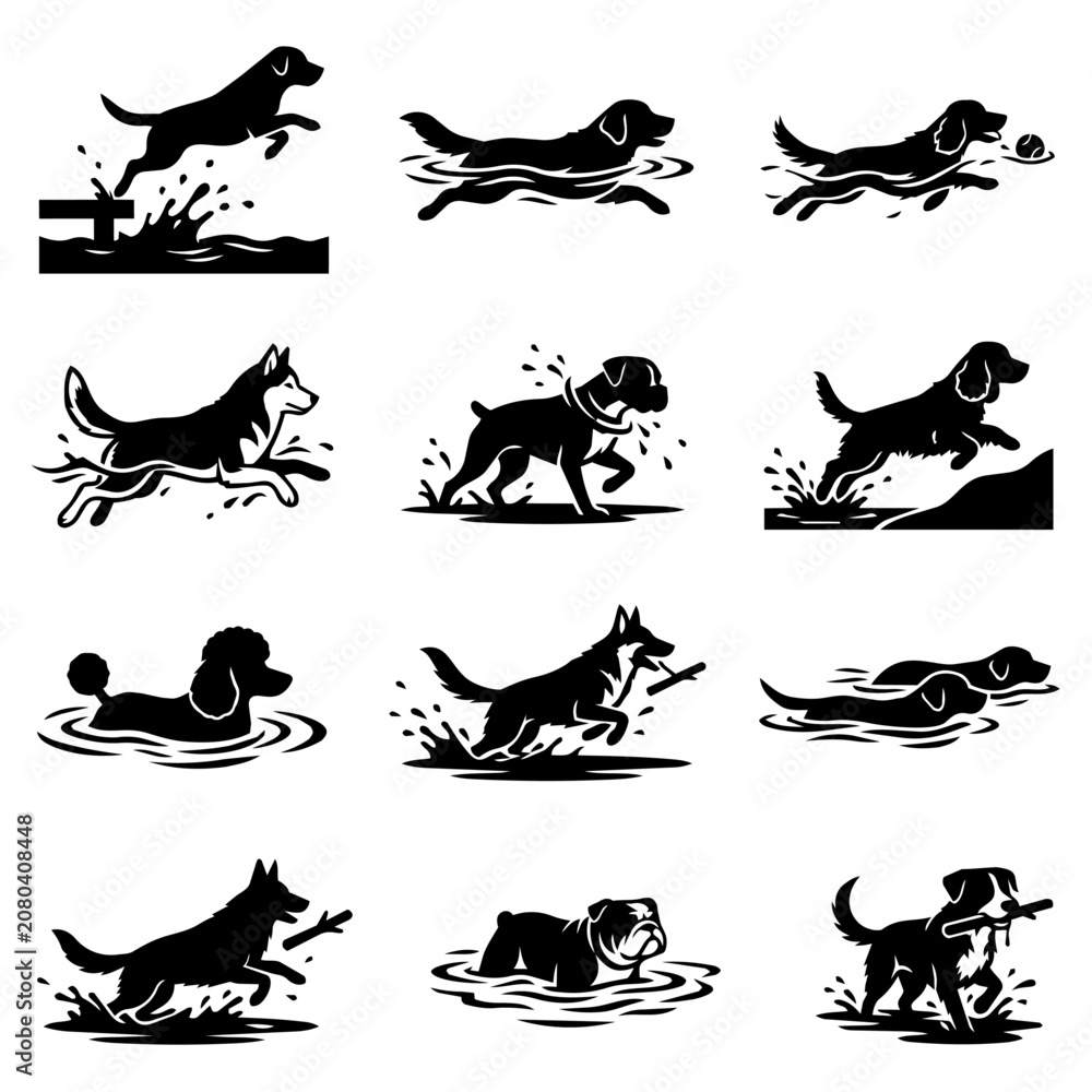 Fototapeta premium Dogs playing in water activities silhouette set