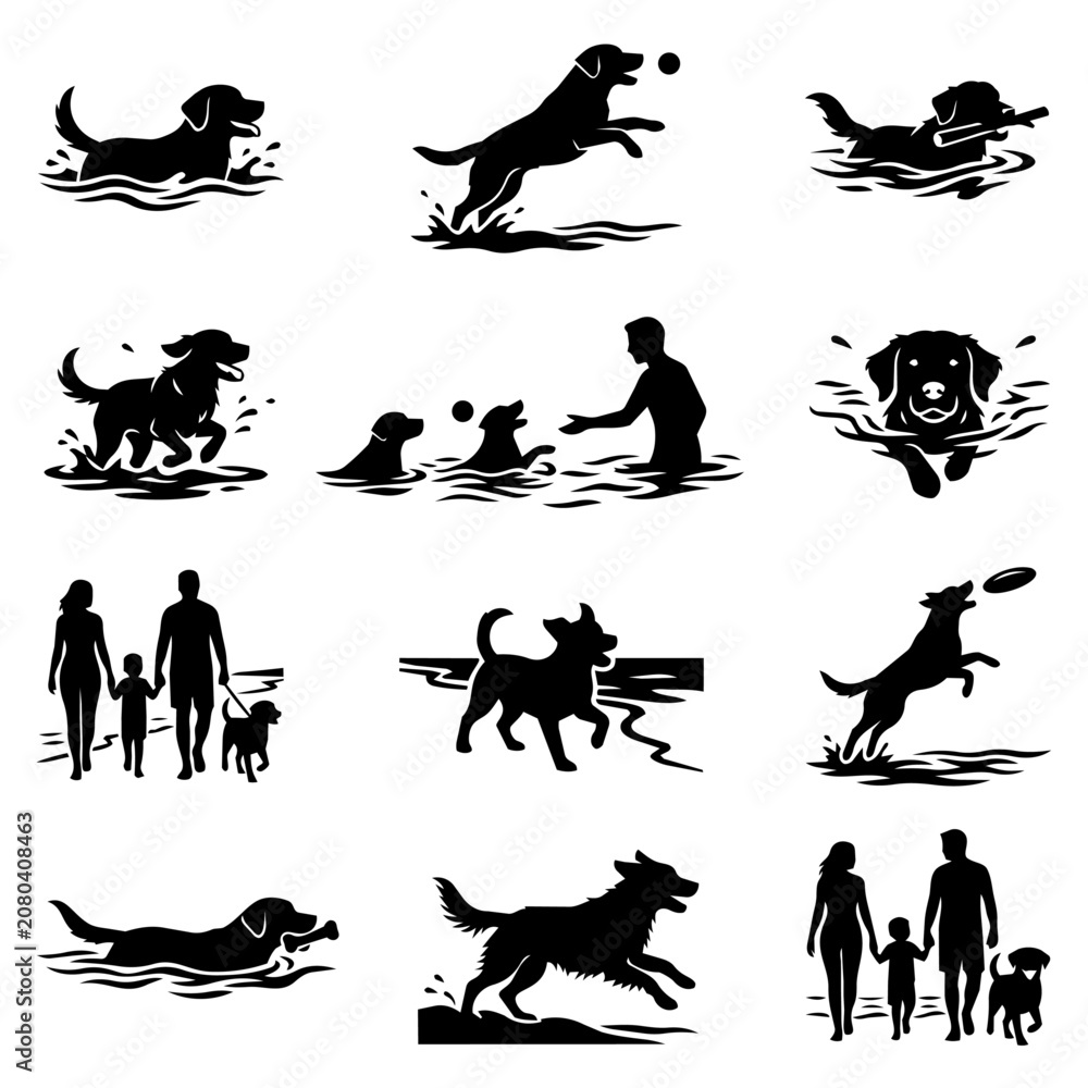 Fototapeta premium Dog silhouettes playing swimming and walking with people