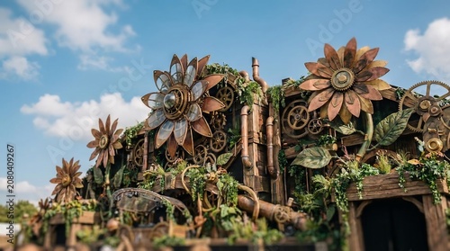 Elaborate Steampunk Themed Stage Decoration with Giant Metallic Flowers and Mechanical Gears.