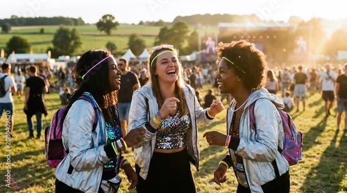 Three diverse female friends laughing and dancing together at outdoor summer music festival during golden hour.