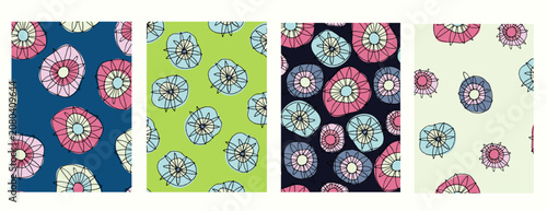 Vertical background Seamless flowers and geometric compatible patterns set with hand drawn uneven ring, checkered, striped, lines, flowers for surface design, craft, apparel and other design projects
