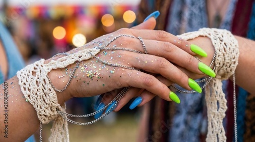 Woman hands with colorful nail polish.