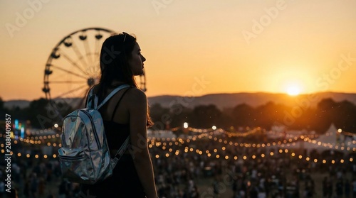 Young woman with backpack watching sunset at summer music festival.